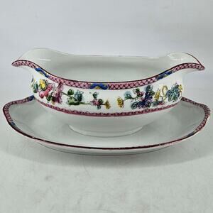 Vintage Noritake Nippon Porcelain Gravy Boat w attached plate Bird of Paradise